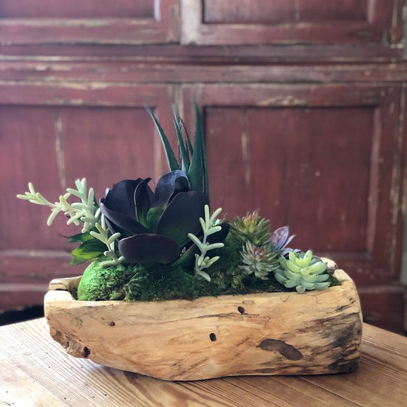 Driftwood Trough with Faux Succulents - Centered, Inc.