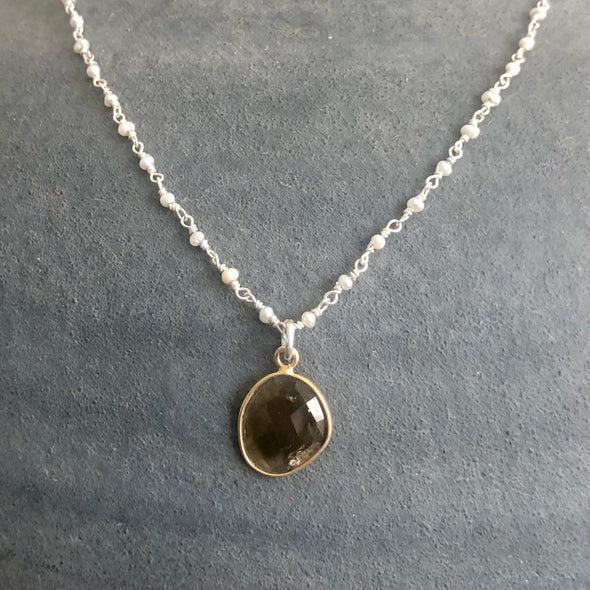 Smoky Quartz on Pearl and Sterling chain - Centered, Inc.
